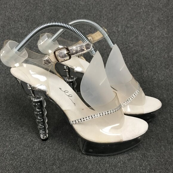 Ellie 521-Jewel-W Clear Dancers Strappy Rhinestone Lucite 5" Platform Heels Sz 6 - Picture 3 of 6